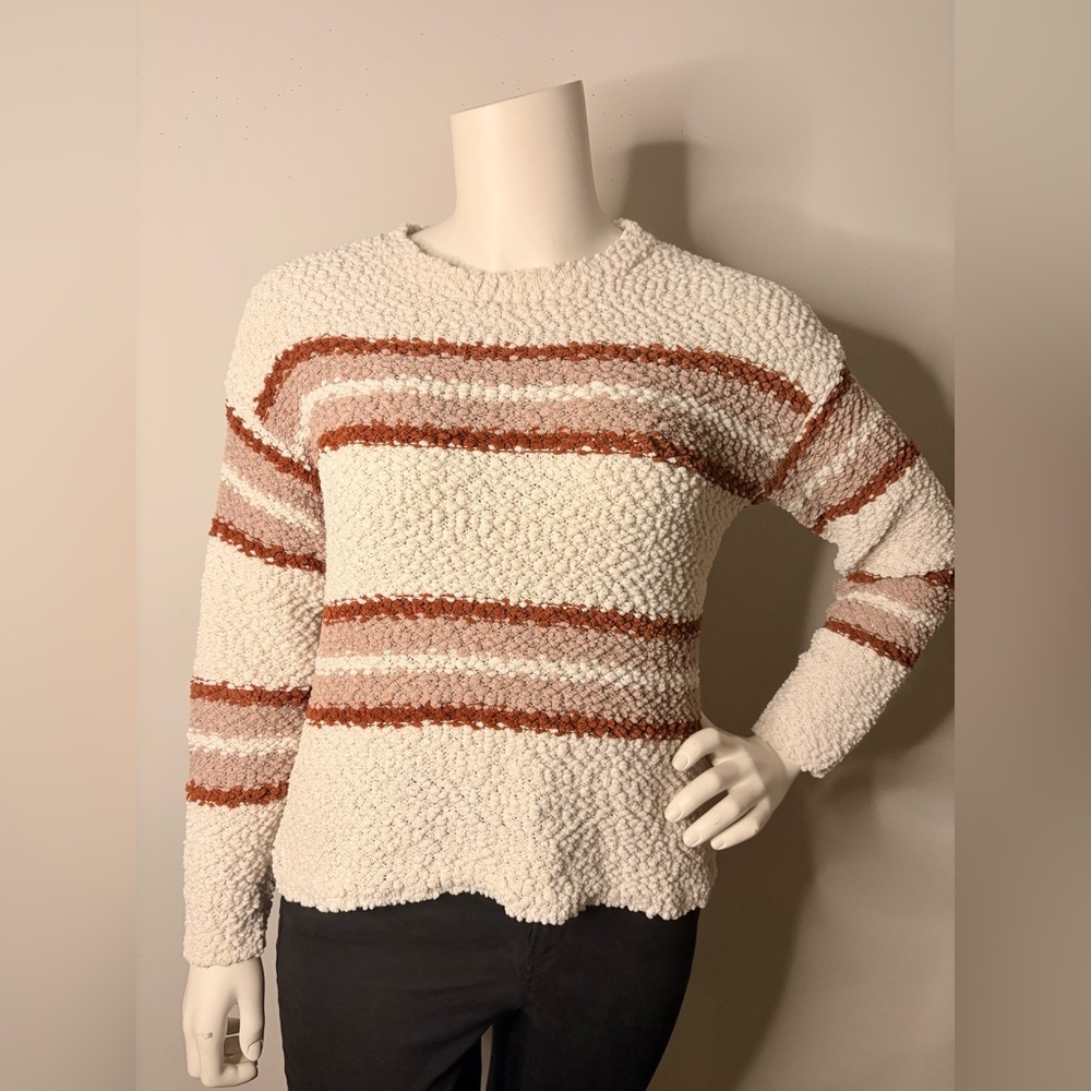 Bobeau Cream and Brown Crew Neck Sweater with Stripes